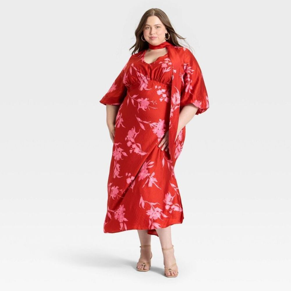 Women's Tie Neck Maxi Dress - A New Day Red Floral XXL